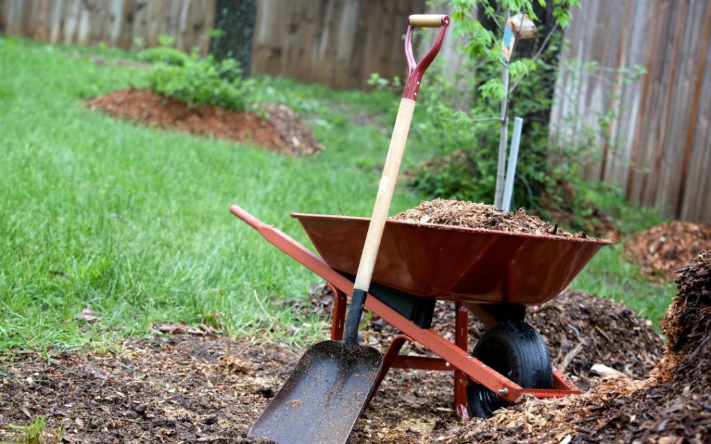 shovel, wheelbarrow and mulch in yard