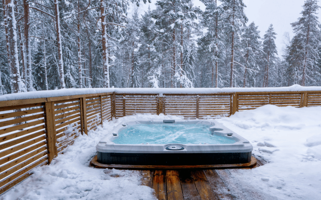 outdoor hot tub on deck in winter