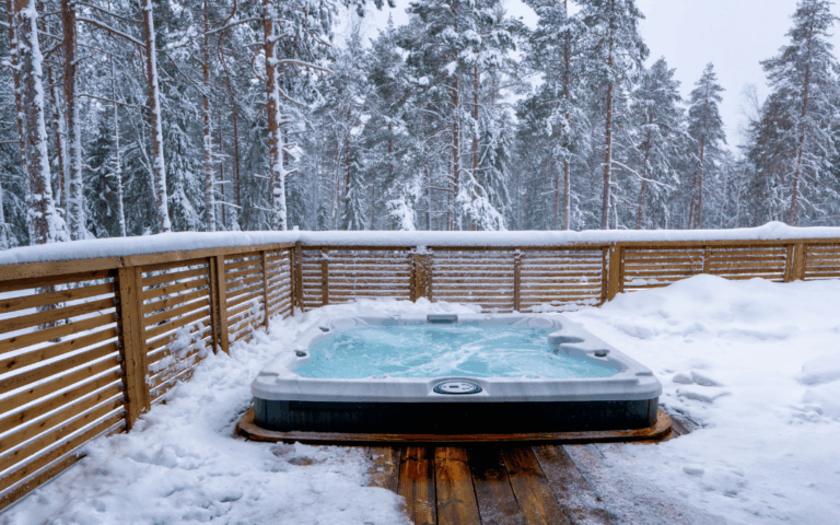 outdoor hot tub on deck in winter