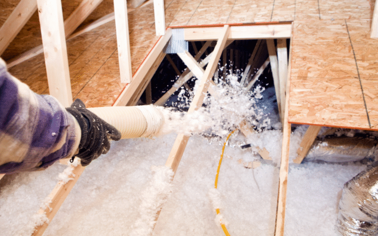 person filling a space under floorboard with spray foam