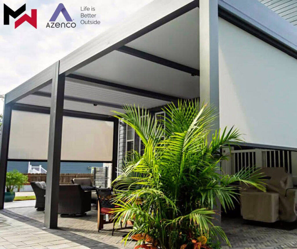 Motorized louvered pergola roof shown open and closed.